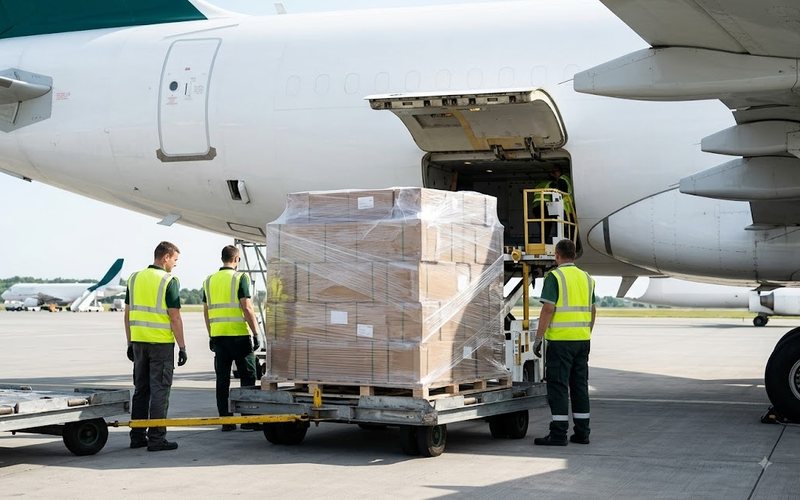 Pallet of auto parts being loaded into a cargo aircraft