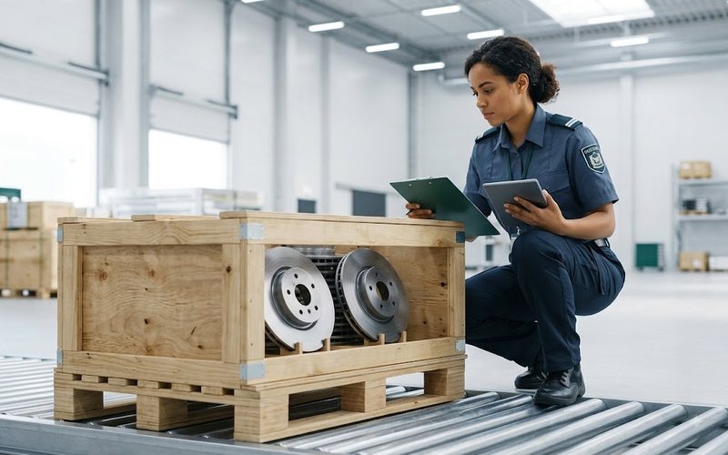 Crate of brake rotors being cleared by a customs officer