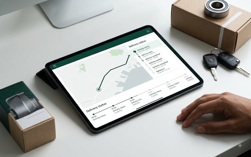 Tablet showing a live shipment tracking map and delivery timeline